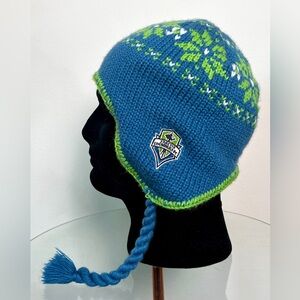 Adidas x Seattle Sounders beanie w/ ear flaps and rope tassels. Unisex one size